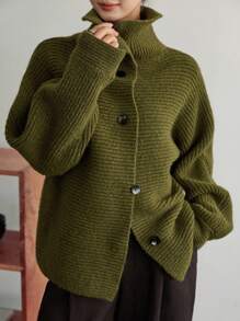 Dazy-Less 女士宽松商务休闲高领纯色针织开衫，适合秋冬季办公室穿着外套 - 墨綠色 - 查看 2