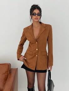 SHEIN EZwear Women's Autumn New Brown Suede Blazer Jacket, Waist Cinched, Vintage Style - Brown - View 7