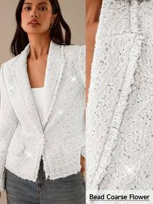 Lilora Women's Casual/Office Wear Sequin Lapel NeckLong Sleeve Blazer White Blazer For Women Women Blazers Tweed Blazer Sequin Blazer White Jacket For Women In Fall/Winter - White - View 8