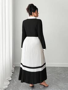Elenzga Women's Elegant Long Sleeve Black & White Color Block Pleated Dress Fall Cloth For Women