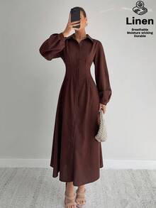 Siren Gaze 秋季女装冬季2025新款优雅棕色亚麻连衣裙，灯笼袖收腰衬衫裙，正式别致教师工作服，透气吸湿排汗派对休闲长裙，秋冬必备女装 - 棕色 - 查看 6