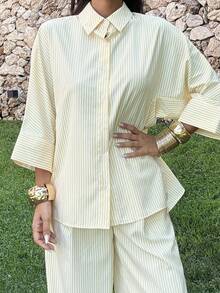 Ronhire Conjunto de 2 piezas de blusa holgada casual de rayas y pantalones de pierna ancha de cintura alta para mujer - Amarillo - Ver 3