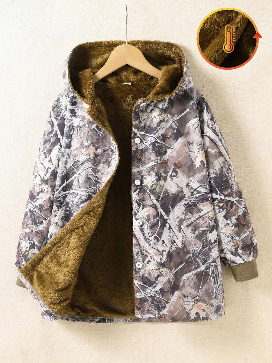 SHEIN Áo khoác ấm dài vừa có mũ trùm đầu bằng vải nhung dày họa tiết hoa cổ điển dành cho bé gái tuổi teen, mùa thu/đông, ngày lễ, mùa hè, du lịch - xanh quân đội - Xem 1