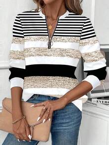 EMERY ROSE Women's Fashion Sweatshirt, Round Neck, Long Sleeve, Half-Zip, Contrast Ribbed Collar, Cuffs And Hem, Asymmetrical Striped Print, Grey Fall Cloth For Women