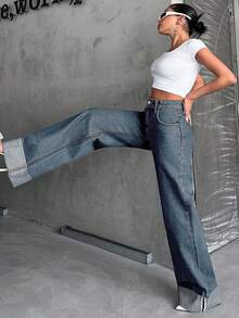 SHEIN Tall High Waist 100% Pure Cotton Cuffed Wide Leg Jeans - Light Wash - View 5