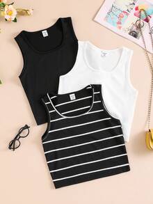 3件套青少年女孩休闲百搭条纹背心套装 - 彩色 - 查看 1