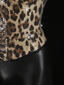 SHEIN ICON Sequin Leopard Print Lace Trim Bandeau Crop Top For Women,Leopard Print Top - Brown - View 5