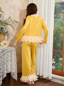 Côtesoire French Retro Elegant Yellow V-Neck Layered Ruffle Hem Women Pajama Set Yellow Pajama Set Women Women Yellow Pajamas Yellow Pajama Set With Ruffle Trim Yellow Two Pieces Pajama Set For Women Women Yellow Lounge Pajama Set, Fall Clothes - Yellow - View 2