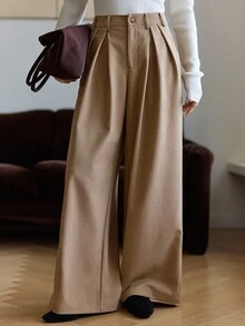 DAZY 女士褶裥宽松休闲裤，都市休闲商务裤装 - 卡其色 - 查看 3