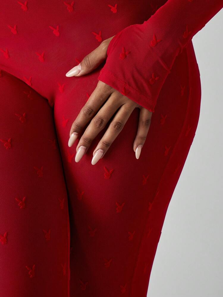 Missguided x Playboy Christmas Valentines Day Monochromatic Heart Pattern Full Length Jumpsuit Open Back Party Evening Mesh Bodysuit Long Sleeve Loungewear Clubwear Holiday Festival