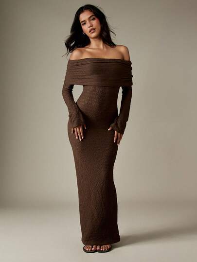 MISSGUIDED Off Shoulder Ruched Bodycon Evening Gown Long Sleeve Textured Knit Form Fitting Floor Length Special Occasion Winter Fall Dress