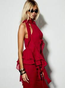 KIZN 荷叶边露背短款上衣，带有镂空细节和长领带，节日夏季派对衬衫，优雅飘逸的设计，特殊场合晚装 - 酒紅色 - 查看 5