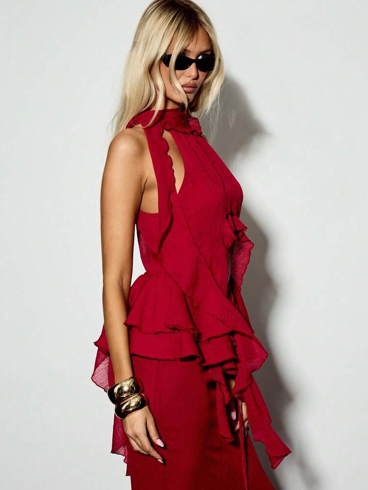 KIZN Ruffled Halter Top With Cut Out Detail And Ties