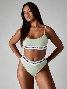 Missguided x Playboy Bộ đồ lót dệt kim gân và quần lót cạp cao có dây tương phản, thiết kế tối giản hiện đại, co giãn, thoải mái cổ điển, đồ lót mềm mại, mặc ở nhà - Màu xanh Bạc hà - Xem 4