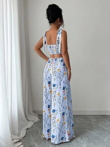 Elenzga 2pcs/Set Women's Standard Size Camisole Top With Back Cutout Design + High Waist Wide Leg Pants - Baby Blue - View 2