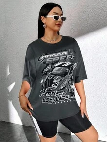 SHEIN EZwear Plus Car & Letter Graphic Drop Shoulder Tee, Summer - Grey - View 5