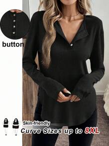 SHEIN CURVE+ Áo thun nữ tay dài cài nút phía trước màu đen, trang phục thường ngày/Mùa thu/Mùa đông - màu đen - Xem 8