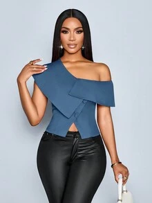 SOLERSUN 女式春夏优雅老式钱办公室商务休闲不对称肩单排扣衬衫，外出上衣 - 藏蓝色 - 查看 6