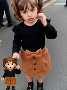 SHEIN Elladie kids Baby Girls Casual Versatile Long Sleeve Top And Skirt Set Fall Winter - Black - View 3