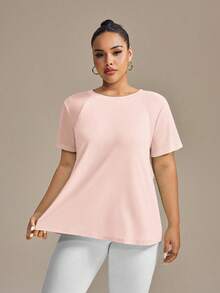 SHEIN Rhythm Era 女式纯色圆领短袖休闲健身运动T恤加大码运动上衣加大码运动T恤女式超大码运动上衣女式宽松运动上衣女式加大码健身房T恤女式运动T恤 - 淺粉色 - 查看 4