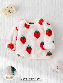 Cozy Pixies Baby Girl Strawberry Pattern Thermal Lined Crew Neck Long Sleeve Pullover Sweatshirt, Autumn/Winter Fall