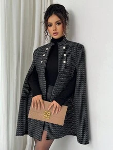 Elenzga 优雅的斗篷外套，适合圣诞派对和户外活动，秋冬 - 黑與白 - 查看 4