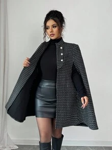 Elenzga 优雅的斗篷外套，适合圣诞派对和户外活动，秋冬 - 黑與白 - 查看 7