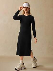 Vestido casual de manga larga negro para niñas preadolescentes, de moda y cómodo, para otoño/invierno - Negro - Ver 5