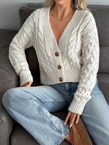 EURMUSE Áo len cardigan nữ màu trắng dệt kim cáp - Màu be - Xem 3