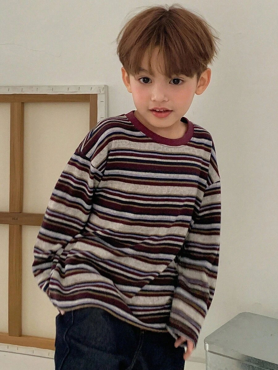 Hapijoa Toddler Boys' Casual Loose Fit Striped T-Shirt, Japanese Style For Autumn - Multicolor - View 1