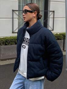 DAZY 女式宽松高领拉链休闲街头装夹棉外套，秋冬夹克 - 藍色 - 查看 4