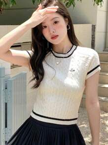 DAZY Top de manga corta tejido con contraste de color y decoración de borde con letras impresas, casual - Albaricoque - Ver 7