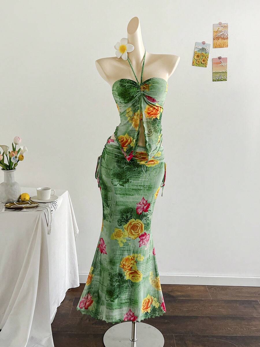 Soleia Bộ 2 món áo lưới in họa tiết không tay không dây và chân váy xếp ly thanh lịch cho kỳ nghỉ xuân/hè - Nhiều màu - Xem 1