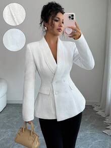 Elenzga Áo khoác ngoài cổ chữ V sâu hai hàng khuy cao cấp phong cách Pháp thanh lịch dành cho nữ, Xuân/Thu - trắng - Xem 1
