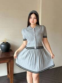 Flirla 2pcs Collegiate Style Pleated Knit Polo Collar Knit Slim Fit Set Winter Fall Autumn - Grey - View 3