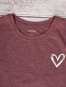 INAWLY Tricou damă cu mânecă scurtă și imprimeu cu inimă, guler rotund, stil casual, stil obișnuit - Lemn rosu - Vizualizare 6