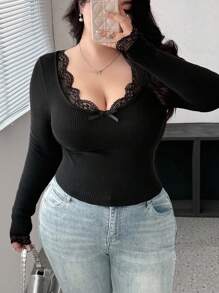 Vibekara Áo len dệt kim ren chắp vá cỡ lớn cho nữ, áo phông dài tay dáng ôm, thích hợp làm lớp lót cho mùa thu/đông - màu đen - Xem 1