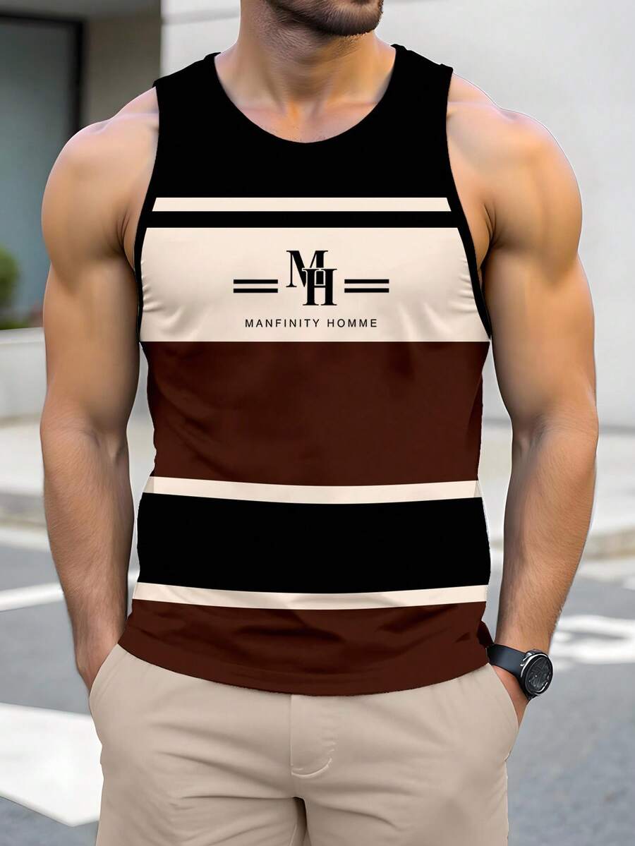 Manfinity Homme Men's Summer Letter & Striped Round Neck Casual Versatile Tank Top - Brown - View 1