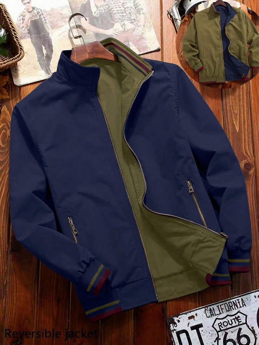 Manfinity Homme Herren Langarm Lässig Stehkragen Reißverschluss Windjacke für Outdoor mit schrägen Taschen, umkehrbar, marineblau, Fliegerjacke, umkehrbare Jacke, leichte Jacke, Herbst