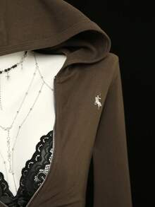 Elamini 1 件棕色刺绣连帽拉链修身长袖复古休闲轻便夹克，适合女士，秋冬