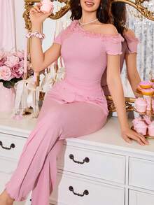 甜美蝴蝶结蕾丝拼布女士睡衣套装粉色睡眠套装粉色睡衣套装女士粉色睡衣套装粉色休闲套装两件套睡眠套装 - 粉色 - 查看 3