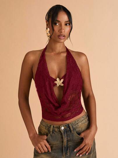 SHEIN BAE 女式 Y2K 金属花朵装饰低胸短款性感露背蕾丝上衣