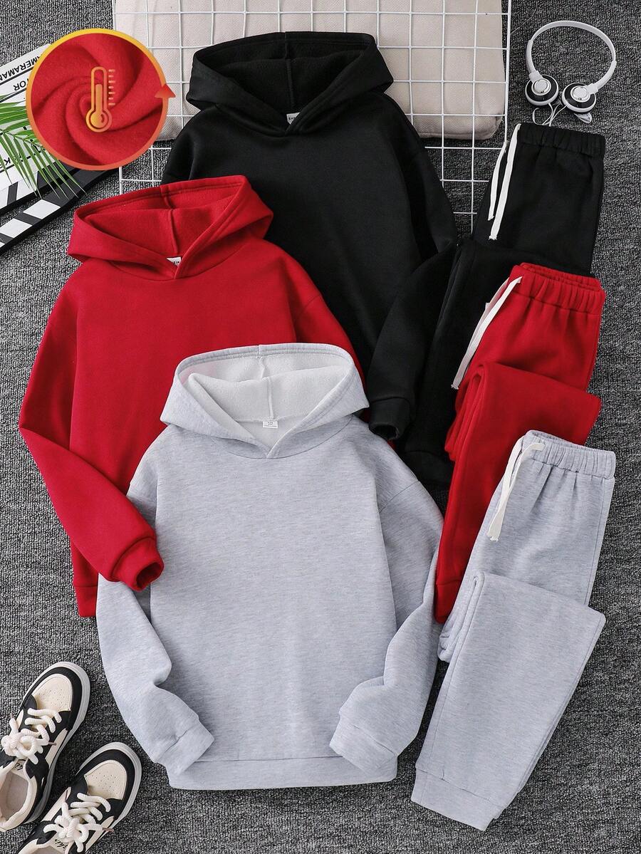 SHEIN 6 件套青少年男童休闲运动连帽衫和运动裤套装,百搭百搭服装,适合秋冬季、休闲、运动、户外、学校 - 彩色 - 查看 1