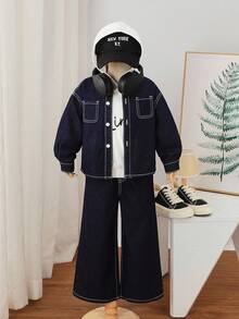SHEIN 2pcs Young Boy Fall/Winter Fashion Casual Korean Style Simple Basic Navy Blue Denim Contrast Color Line Button Up Shirt With Collar And Elastic Waist Loose Fit Baggy Pants Set,For Kids Dailywear Costumes Fall/Winter Clothes And Back To School Clothes,Boys Streetwear Outfits,Boys Christmas Outfits,Baby Boys Denim Set,2-Year-Old  Boys Denim Jeans