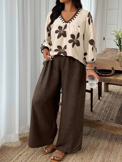 EMERY ROSE Plus Size Floral Print V-Neck Long Sleeve Top And Solid Color Wide Leg Pants 2 Pieces Set