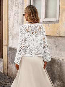 Brillora 女士宽松针织开衫、长袖、沙滩装 - 白色 - 查看 2