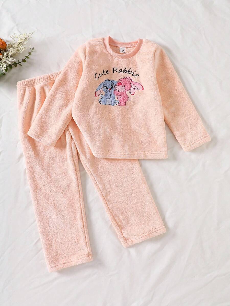 2pcs/Set Young Girl' Long Sleeve Fleece Rabbit Cartoon Cute Comfortable Casual Home Wear, Winter Fall