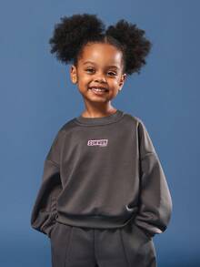 SUMWON Boxy Fit Kids Girls Oversized Sweatshirt Co-Ord Set Fall Winter Casual Two Piece Wear With Logo Print Cozy Streetwear Matching Set - Dark Grey - View 3