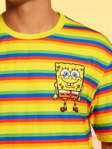 SpongeBob SquarePants | SHEIN Men's Cartoon & Striped Print Round Neck Short Sleeve T-Shirt - Yellow - View 5