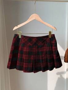 Comfortcana 女式休闲格子褶皱A字裙，秋季 - 紅色 - 查看 4